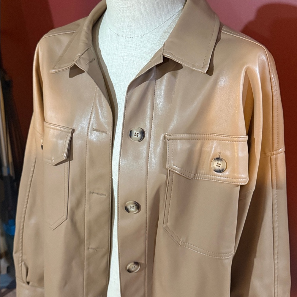 Tan Button-Up Shacket Jacket Pu/Poly Blend Leathe… - image 2